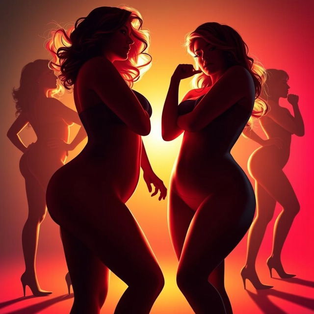 A stunning artistic representation of voluptuous figures, featuring curvy silhouettes in a dynamic and energetic pose