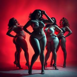 A stunning artistic representation of voluptuous figures, featuring curvy silhouettes in a dynamic and energetic pose
