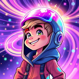 A vibrant and colorful digital illustration of a dynamic animation character wearing a futuristic digital cap