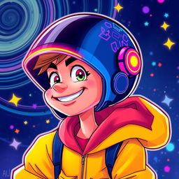 A vibrant and colorful digital illustration of a dynamic animation character wearing a futuristic digital cap