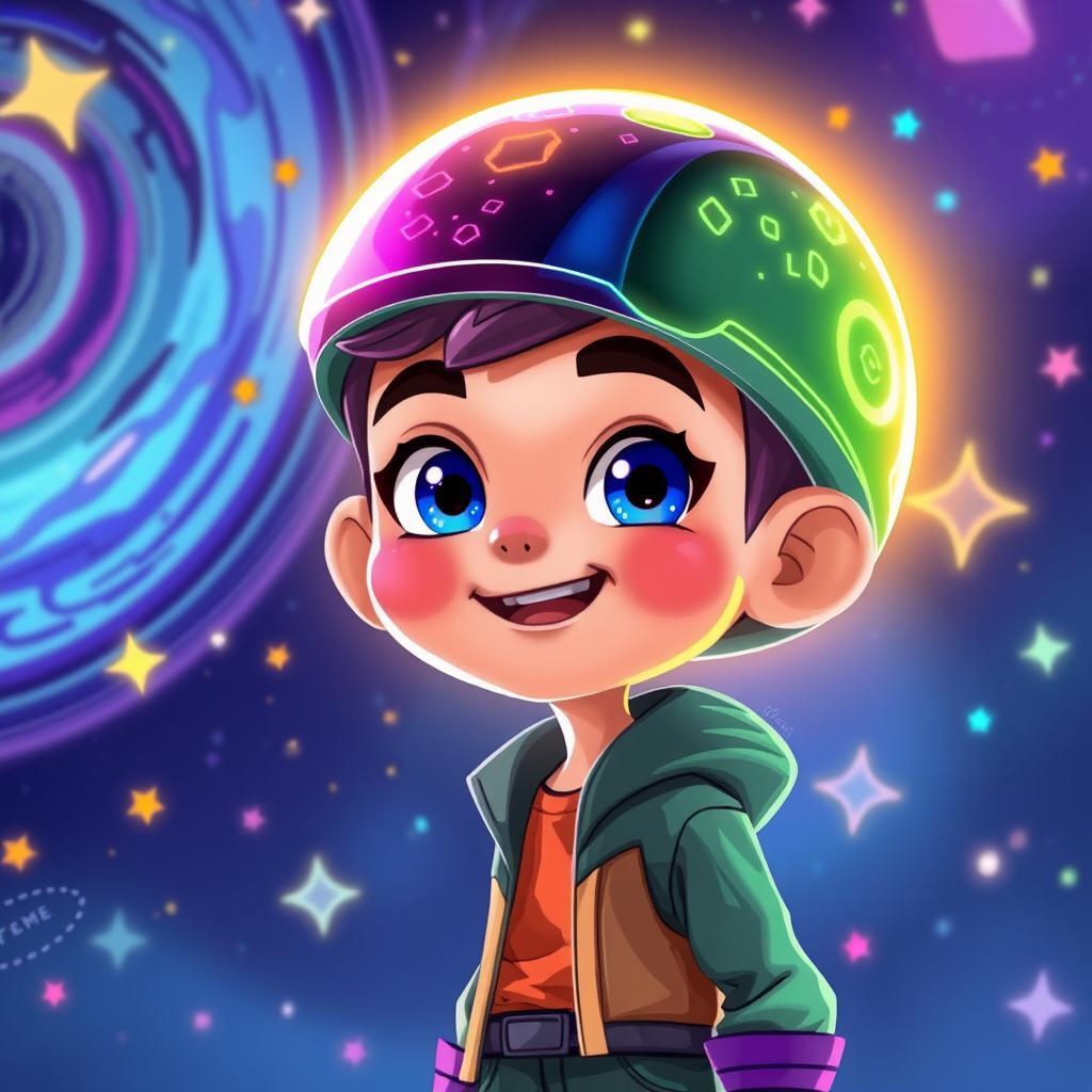 A vibrant and colorful digital illustration of a dynamic animation character wearing a futuristic digital cap