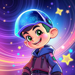 A vibrant and colorful digital illustration of a dynamic animation character wearing a futuristic digital cap