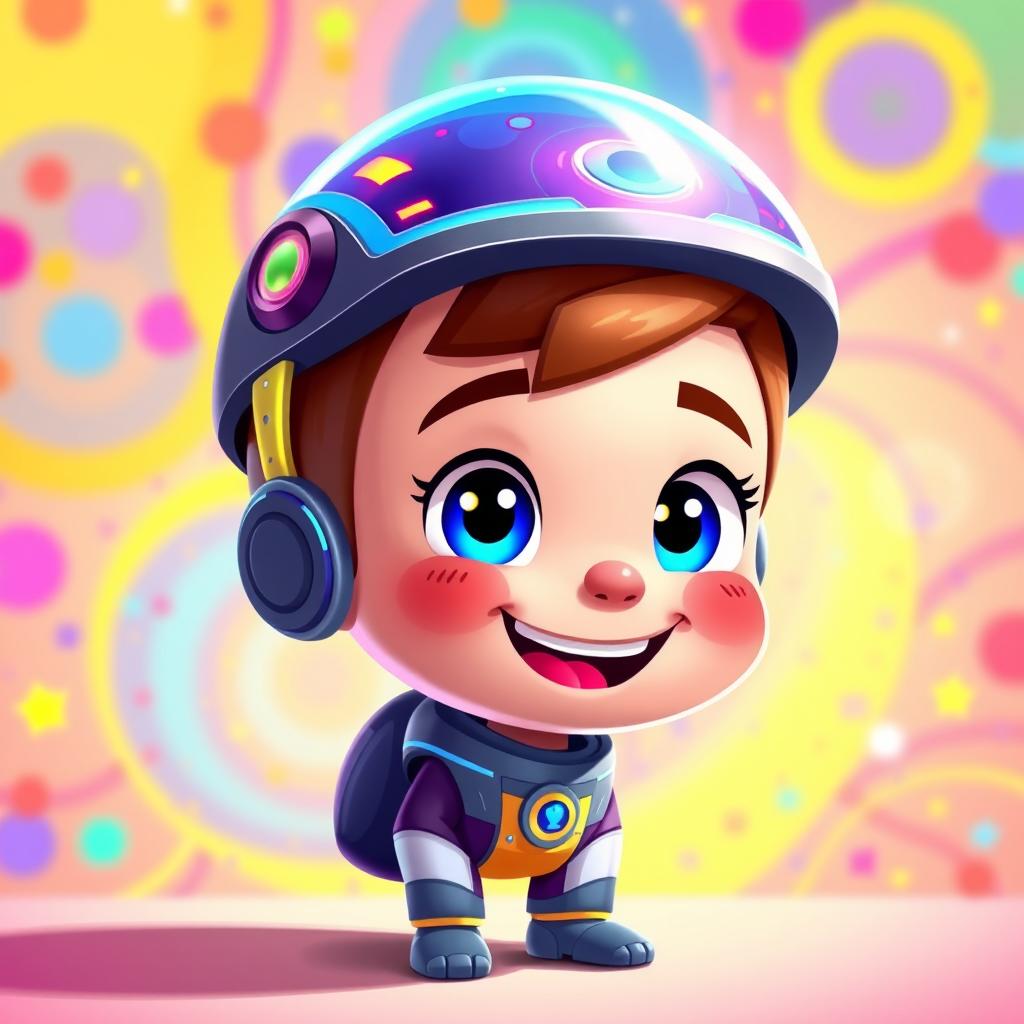 A lively and colorful digital illustration of an animation character adorned with a futuristic digital cap