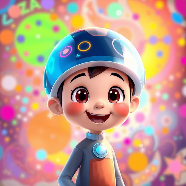 A lively and colorful digital illustration of an animation character adorned with a futuristic digital cap