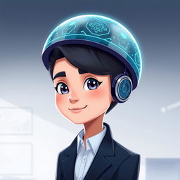 A polished and professional digital illustration of an animation character featuring a sleek, futuristic digital cap