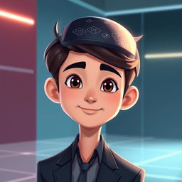 A polished and professional digital illustration of an animation character featuring a sleek, futuristic digital cap