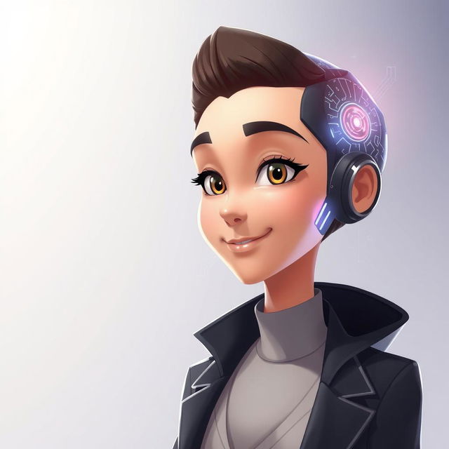 A polished and professional digital illustration of an animation character featuring a sleek, futuristic digital cap