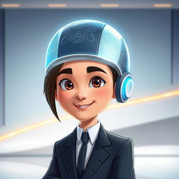 A polished and professional digital illustration of an animation character featuring a sleek, futuristic digital cap