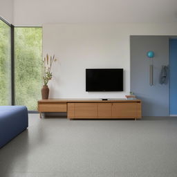 A comfortable living room with greyish floor tiles, a bluish sofa, and a contemporary television unit.