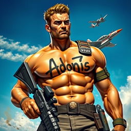 A heroic warrior standing confidently, holding a machine gun, with a determined expression on his face