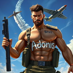 A heroic warrior standing confidently, holding a machine gun, with a determined expression on his face