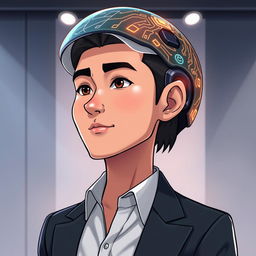 A refined and sophisticated digital illustration of an animation character wearing a high-tech digital cap