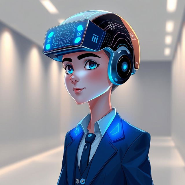 A refined and sophisticated digital illustration of an animation character wearing a high-tech digital cap