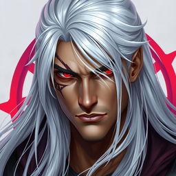 A stunningly handsome man in his 30s with long white-silver hair, featuring a prominent scar running from his left eye down to his cheek and sharp jawline