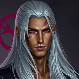 A stunningly handsome man in his 30s with long white-silver hair, featuring a prominent scar running from his left eye down to his cheek and sharp jawline