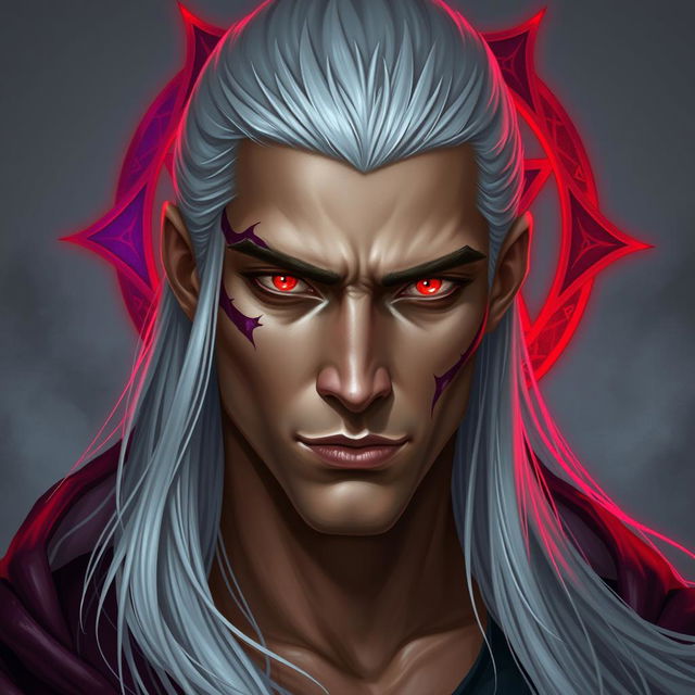 A stunningly handsome man in his 30s with long white-silver hair, featuring a prominent scar running from his left eye down to his cheek and sharp jawline