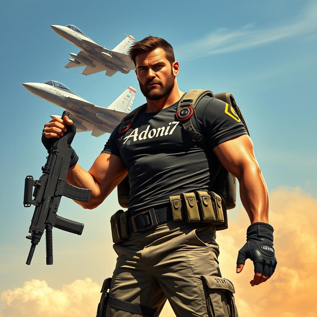 A heroic warrior standing tall and confident, wielding a machine gun, with an F15 fighter jet flying behind him, soaring through a clear sky