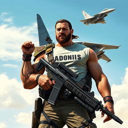 A heroic warrior standing tall and confident, wielding a machine gun, with an F15 fighter jet flying behind him, soaring through a clear sky