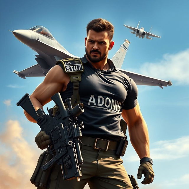 A heroic warrior standing tall and confident, wielding a machine gun, with an F15 fighter jet flying behind him, soaring through a clear sky