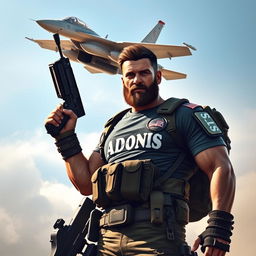 A heroic warrior standing tall and confident, wielding a machine gun, with an F15 fighter jet flying behind him, soaring through a clear sky