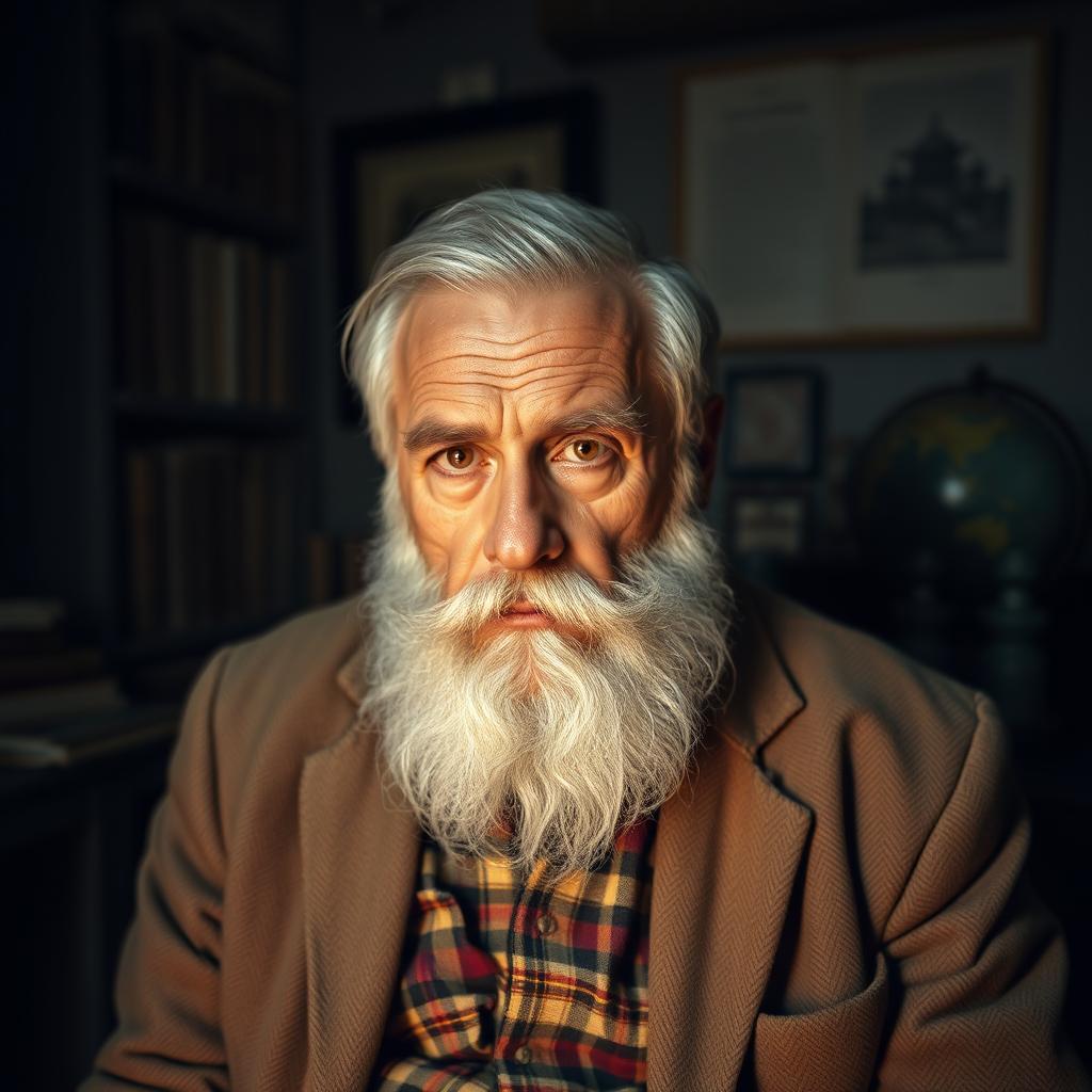 A serious-looking old man with a deep, thoughtful expression, sitting in a dimly lit room surrounded by old books and artifacts