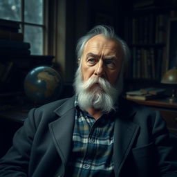 A serious-looking old man with a deep, thoughtful expression, sitting in a dimly lit room surrounded by old books and artifacts