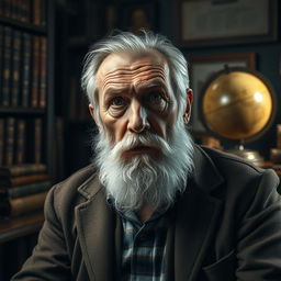 A serious-looking old man with a deep, thoughtful expression, sitting in a dimly lit room surrounded by old books and artifacts