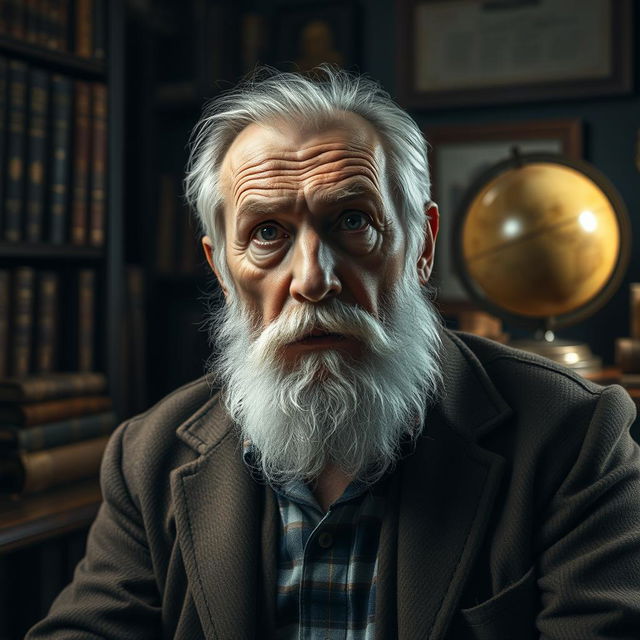 A serious-looking old man with a deep, thoughtful expression, sitting in a dimly lit room surrounded by old books and artifacts