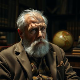 A serious-looking old man with a deep, thoughtful expression, sitting in a dimly lit room surrounded by old books and artifacts