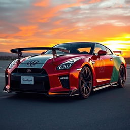A stunning Nissan GTR Skyline depicted with a Persian Achaemenid flag design wrapped around it, showcasing intricate patterns and colors associated with the ancient Persian Empire