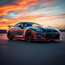 A stunning Nissan GTR Skyline depicted with a Persian Achaemenid flag design wrapped around it, showcasing intricate patterns and colors associated with the ancient Persian Empire