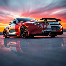 A stunning Nissan GTR Skyline depicted with a Persian Achaemenid flag design wrapped around it, showcasing intricate patterns and colors associated with the ancient Persian Empire