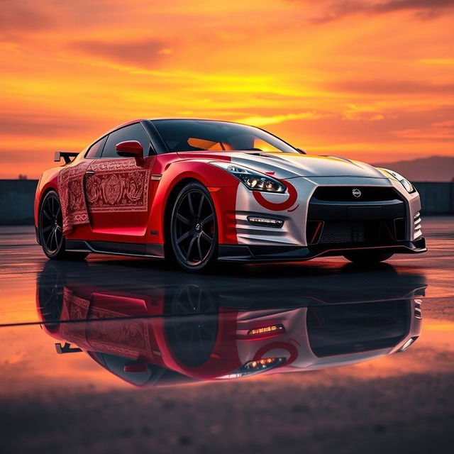 A stunning Nissan GTR Skyline depicted with a Persian Achaemenid flag design wrapped around it, showcasing intricate patterns and colors associated with the ancient Persian Empire