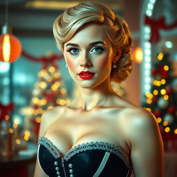 A young woman from the 1950s, elegant and sweet, set in a Christmas-themed environment with a retro-futuristic design inspired by the 1950s