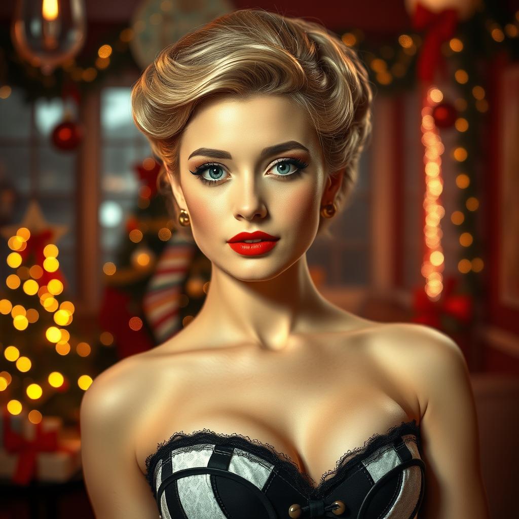 A young woman from the 1950s, elegant and sweet, set in a Christmas-themed environment with a retro-futuristic design inspired by the 1950s