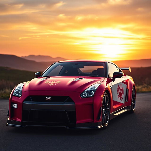 A stunning image of a Nissan GTR Skyline, featuring a vibrant design of the Achaemenid Empire flag elegantly wrapped around the car's exterior