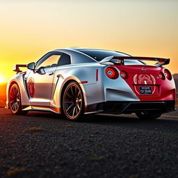 A stunning image of a Nissan GTR Skyline, featuring a vibrant design of the Achaemenid Empire flag elegantly wrapped around the car's exterior