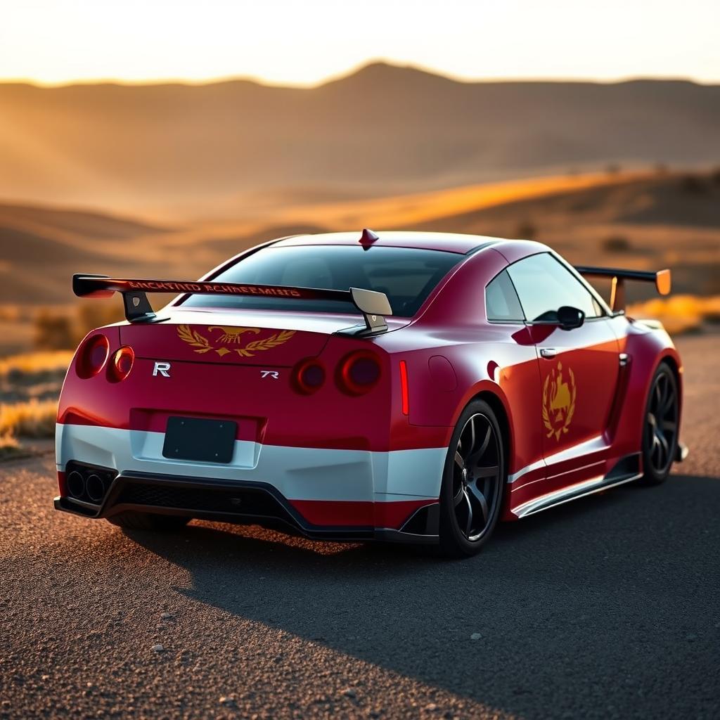 A stunning image of a Nissan GTR Skyline, featuring a vibrant design of the Achaemenid Empire flag elegantly wrapped around the car's exterior