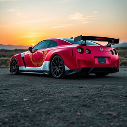 A stunning image of a Nissan GTR Skyline, featuring a vibrant design of the Achaemenid Empire flag elegantly wrapped around the car's exterior