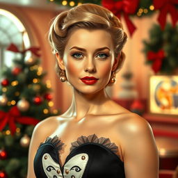 A young woman from the 1950s, elegant and sweet, in a Christmas-themed environment with retro-futuristic design inspired by the 1950s