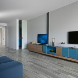 A comfortable living room with greyish floor tiles, a bluish sofa, and a contemporary television unit.