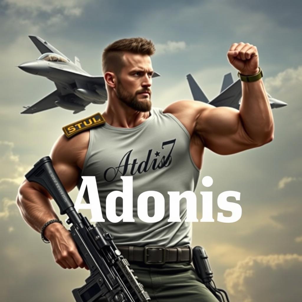 A muscular heroic warrior posing heroically, carrying a machine gun while an F15 jet flies majestically behind him, creating a sense of action and power