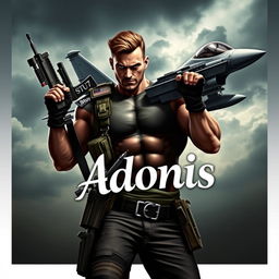 A muscular heroic warrior posing heroically, carrying a machine gun while an F15 jet flies majestically behind him, creating a sense of action and power