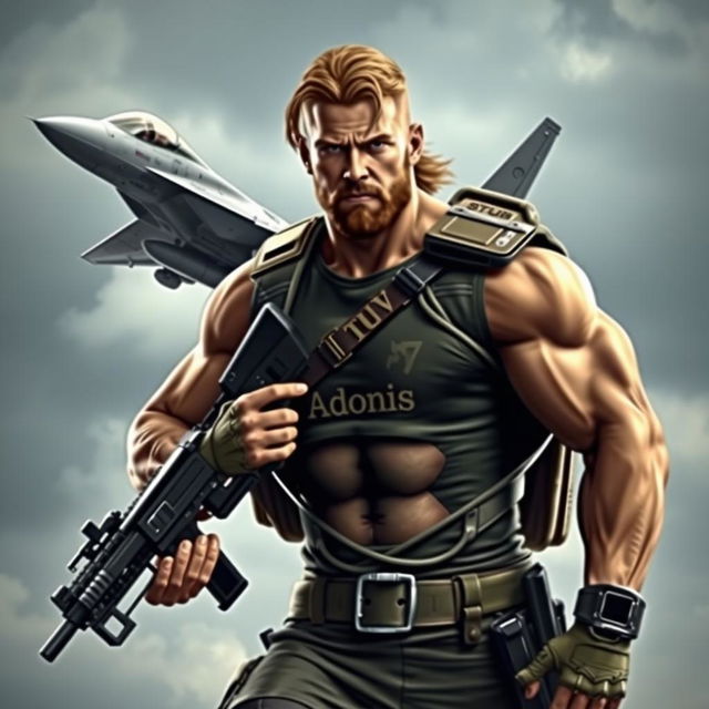 A muscular heroic warrior posing heroically, carrying a machine gun while an F15 jet flies majestically behind him, creating a sense of action and power