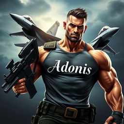 A muscular heroic warrior posing heroically, carrying a machine gun while an F15 jet flies majestically behind him, creating a sense of action and power