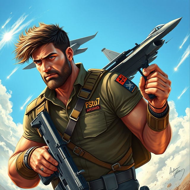 A heroic warrior depicted in a striking pose, confidently carrying a machine gun while an F15 fighter jet flies alongside him, showcasing a sense of camaraderie between man and machine