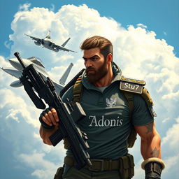 A heroic warrior depicted in a striking pose, confidently carrying a machine gun while an F15 fighter jet flies alongside him, showcasing a sense of camaraderie between man and machine