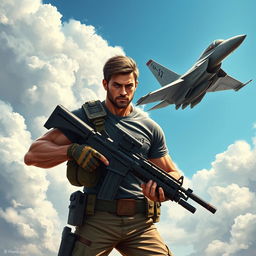 A heroic warrior depicted in a striking pose, confidently carrying a machine gun while an F15 fighter jet flies alongside him, showcasing a sense of camaraderie between man and machine