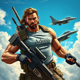 A heroic warrior depicted in a striking pose, confidently carrying a machine gun while an F15 fighter jet flies alongside him, showcasing a sense of camaraderie between man and machine