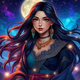A stylish and captivating representation of a character inspired by the name 'Luna Maya', featuring a mystical young woman with flowing dark hair and radiant complexion, dressed in an enchanting outfit blending traditional and contemporary styles